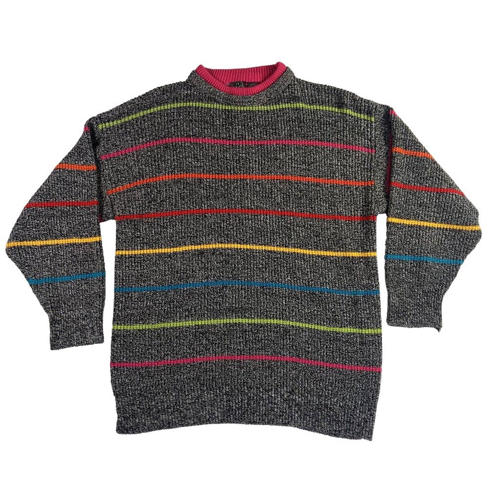 Vintage Sweater Womens Medium Colorful Artsy Chunky Knit Neon Striped Maximalist